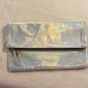 Clare V Iridescent Holographic Foldover Clutch - Silver/Multicolor